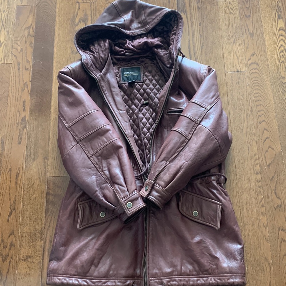 Brown Hooded Leather Lined Jacket - Size S